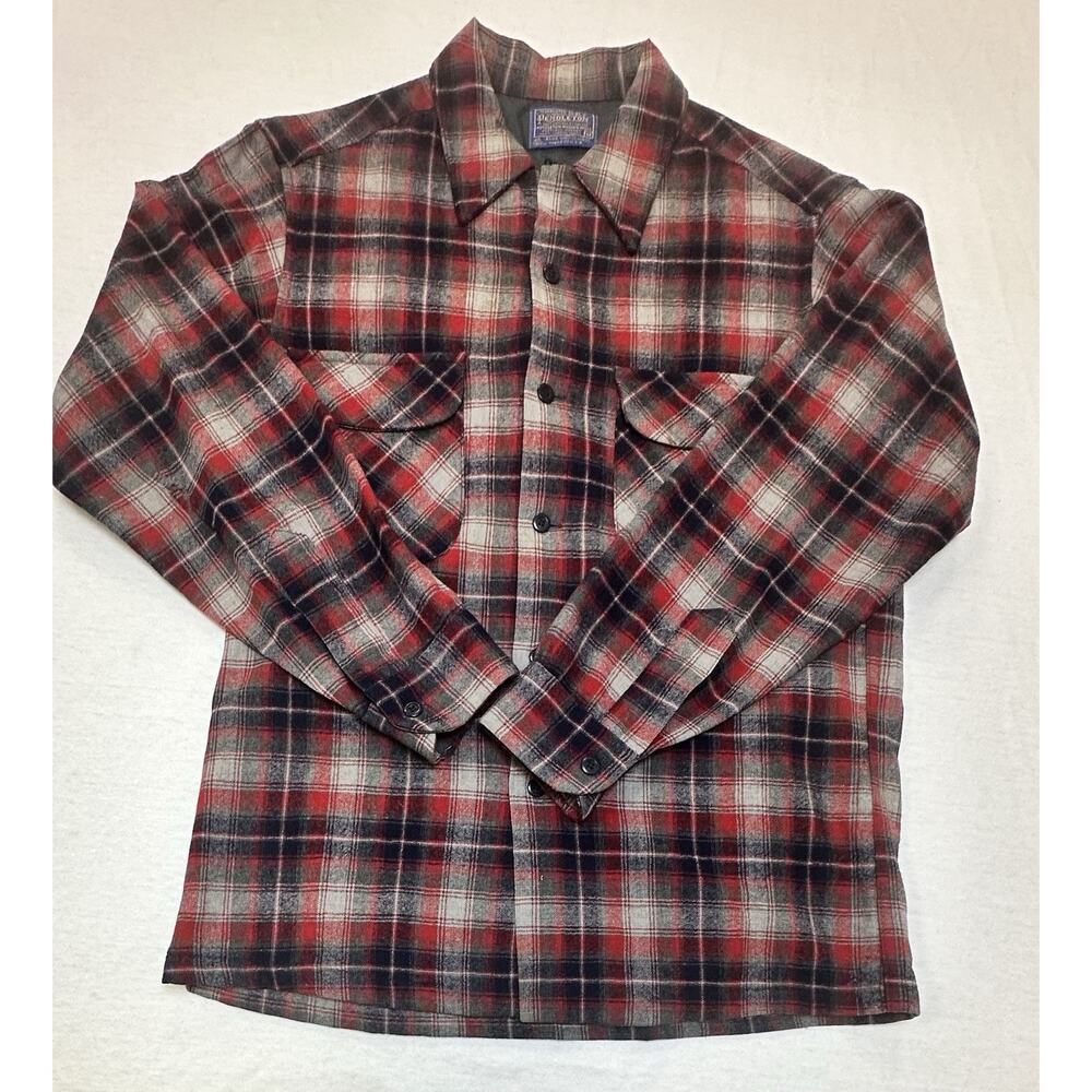 Vintage 60s Pendleton Loop Collar Rockabilly Plaid Wool Flannel Shirt M SEE PICS